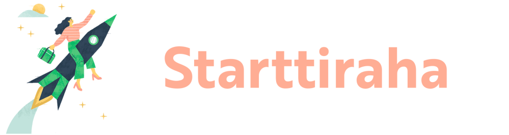 Värikäs piirroskuva, jossa nainen istuu salkku kädessä raketin päällä ja on lentämässä kuuhun sekä teksti "Starttiraha"